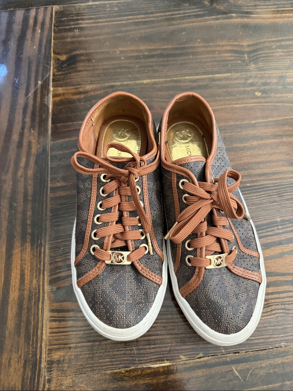 Michael Kors Brown Logo-Pattern Low-Top Sneakers with Tan Trim
